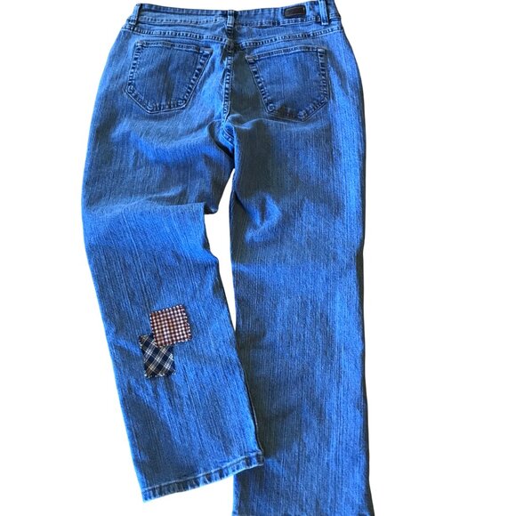 Upcycled Patchwork Jeans, 16P: Plaids, Spring Garden Sunflower Patches, Reworked - Picture 3 of 12